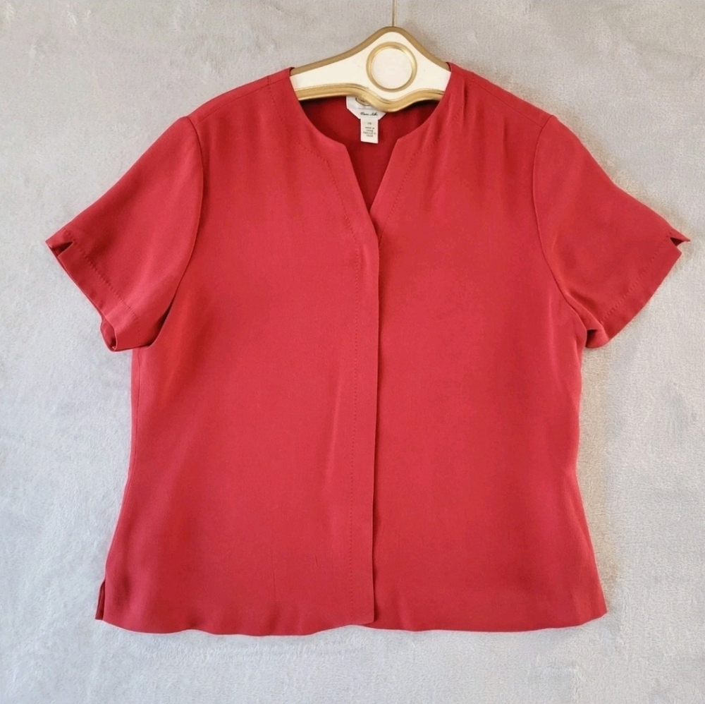 Vintage Talbots 100% Silk Short Sleeve Red Tunic Top 14